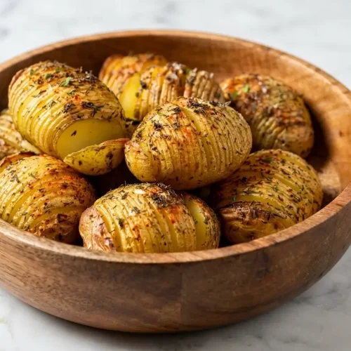 Pomme de terre hasselback dorée, fines lamelles nappées de beurre noisette au romarin et ail noir sur marbre blanc.