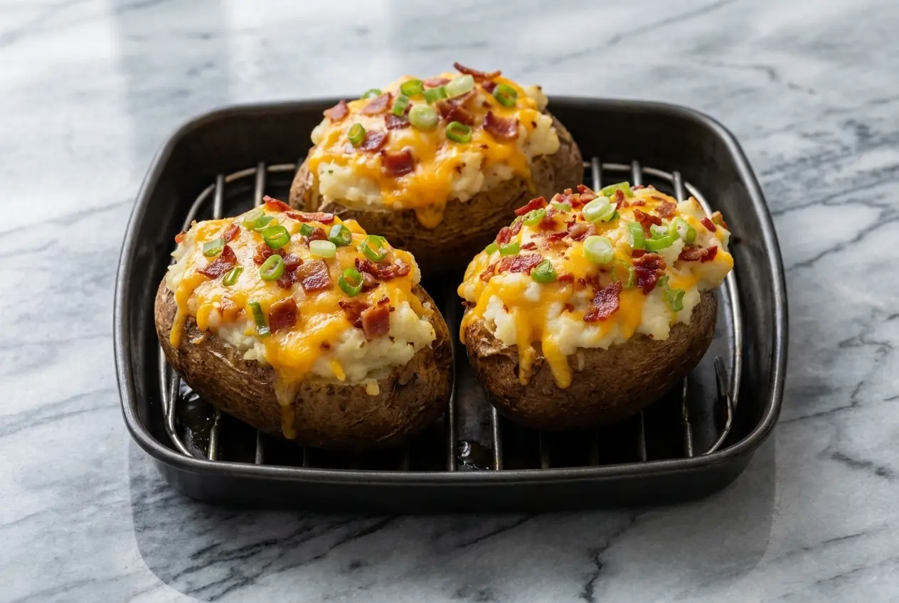 Pommes de terre farcies gratinées à la mimolette vieille et muscade sur marbre blanc en lumière naturelle.