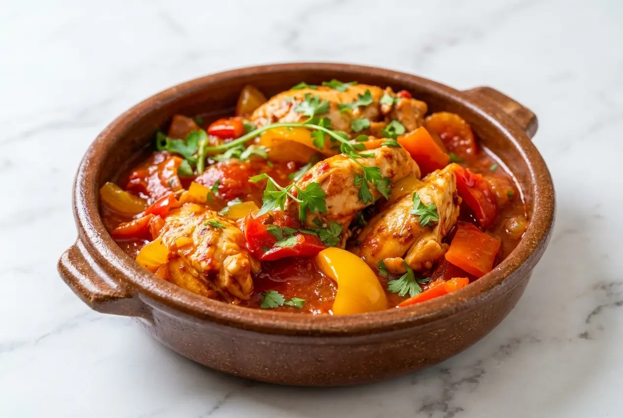 Poulet basquaise doré dans une cocotte en fonte avec jambon de Bayonne et sauce au vinaigre de Xérès sur marbre blanc.