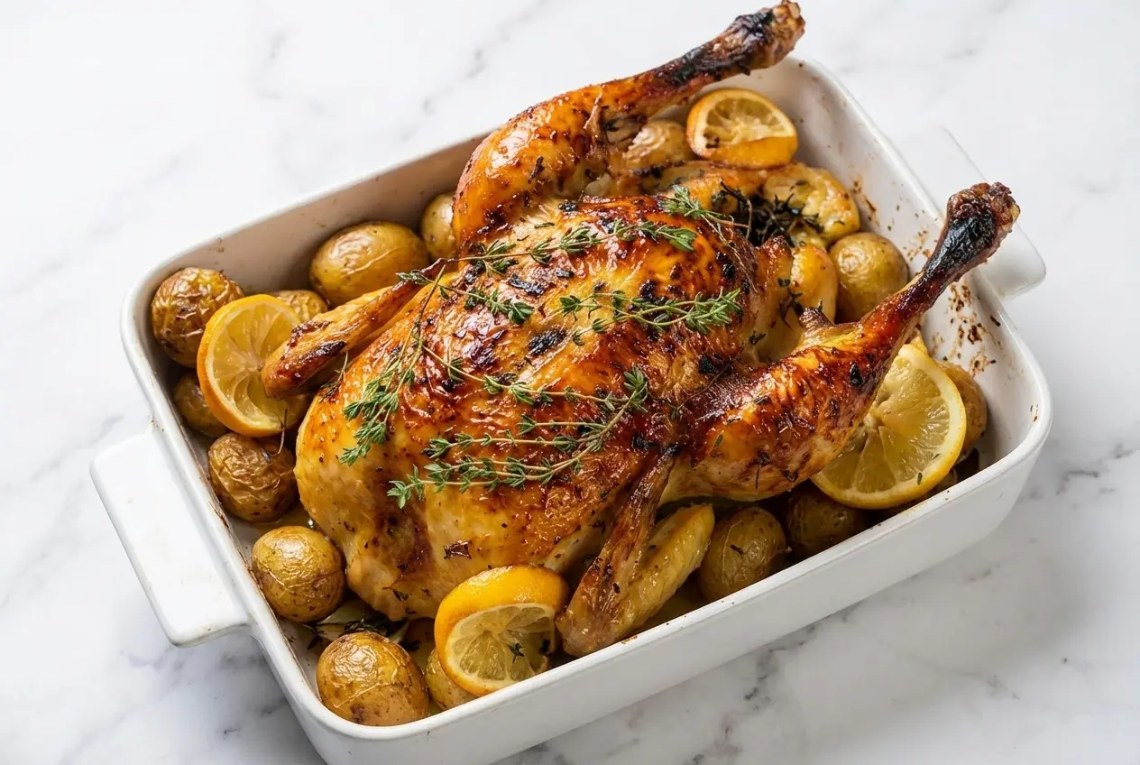 Poulet rôti au miel et au citron doré dans un plat en céramique sur un marbre blanc, peau rendue croustillante par le laquage tardif.