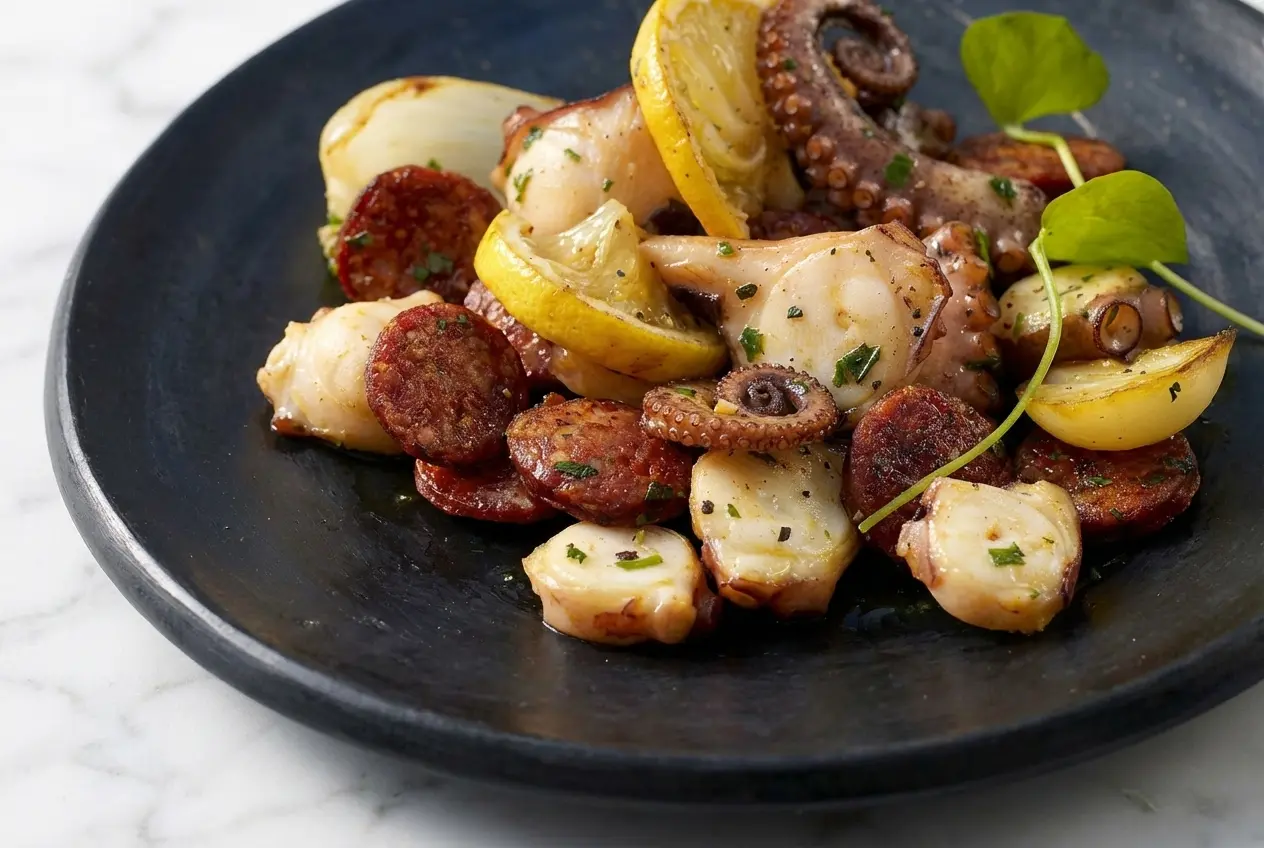 Poulpe au chorizo croustillant au pimentón fumé et vinaigre de Xérès dans un bol en céramique blanc minimaliste.