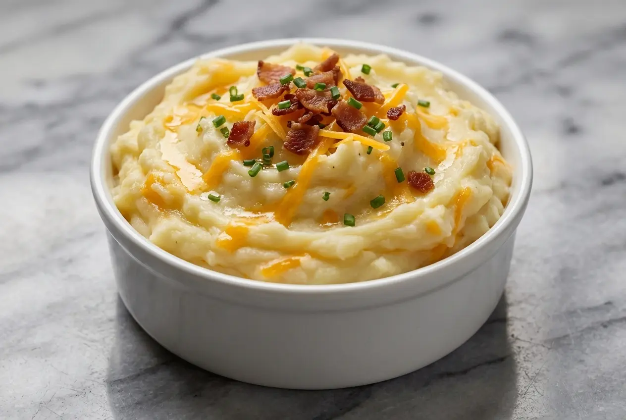 Purée au cheddar onctueuse au beurre noisette servie dans un bol en céramique blanc sur marbre lumineux.