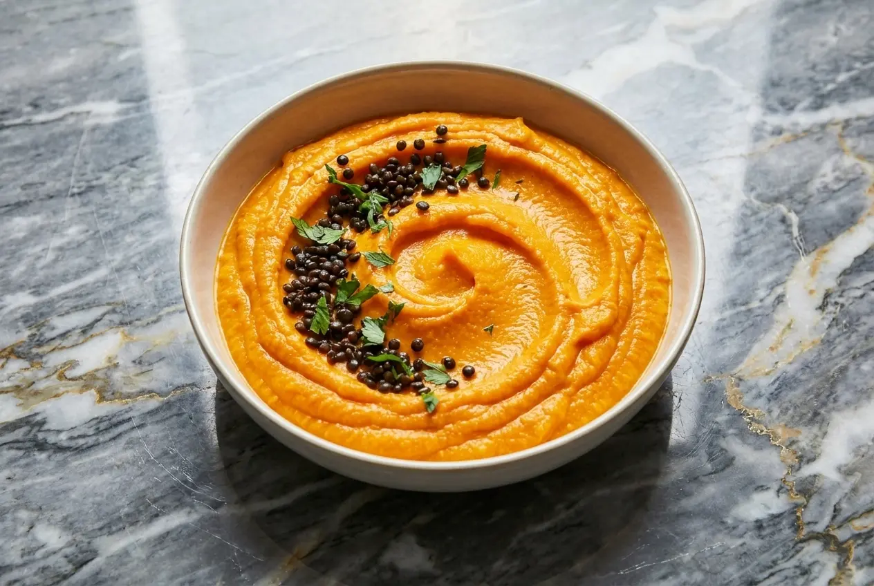 Purée de carottes onctueuse au beurre noisette et zestes d'orange dans un bol en céramique blanc sur marbre.