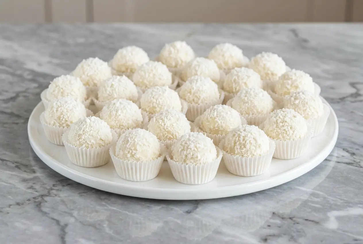 Raffaello maison enrobés de noix de coco râpée avec un cœur crémeux au chocolat blanc, présentés dans une coupelle en céramique minimaliste sur un plan de travail en marbre blanc sous une douce lumière naturelle.