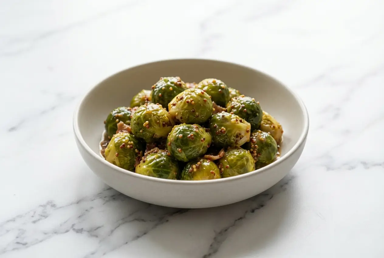 Ragoût de choux de Bruxelles mijoté avec saucisse de Morteau et une sauce crémeuse à la moutarde à l'ancienne, présenté dans un bol en céramique sur fond de marbre blanc.