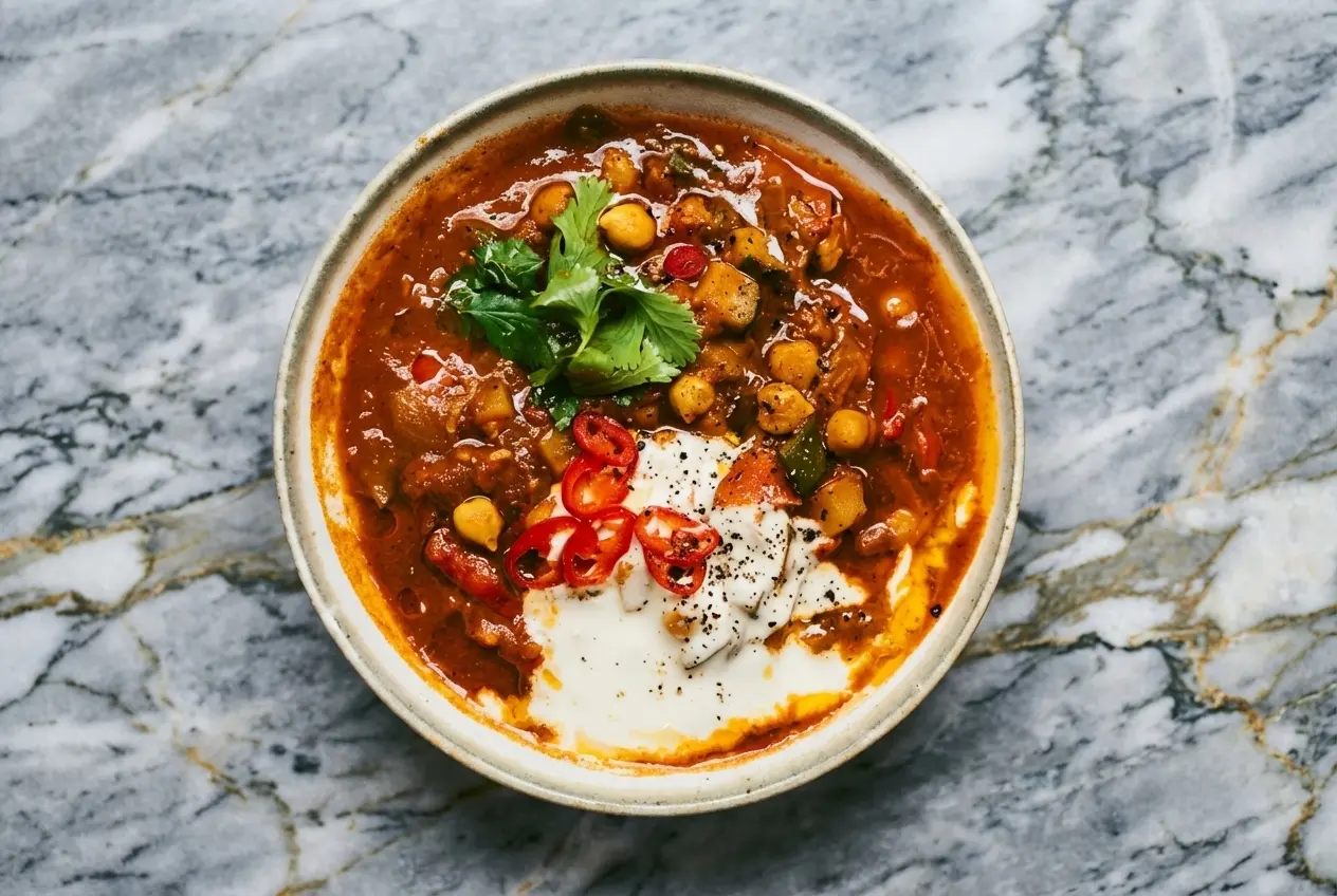 Ragoût de pois chiches onctueux sur marbre blanc, texture liée par le tiers écrasé au tahini.