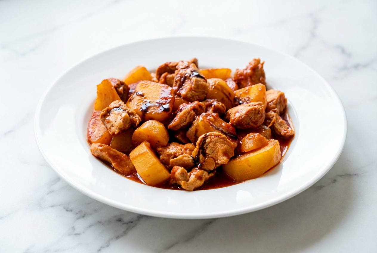Ragoût de poulet à la tomate mijoté en cocotte avec croûte de parmesan et reflets de vinaigre balsamique sur marbre blanc.