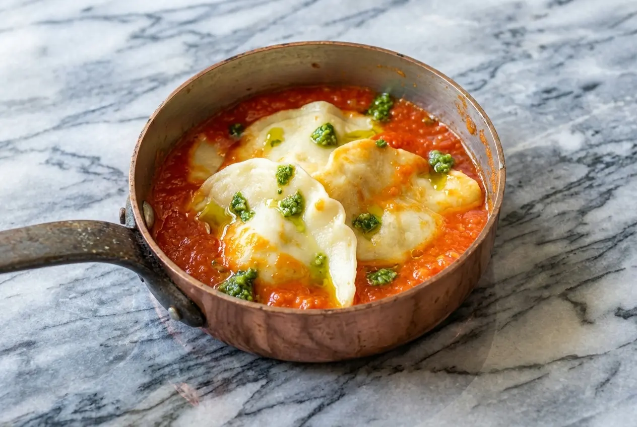 Ravioli maison au boeuf sur assiette en céramique blanche, farce onctueuse à la moelle et muscade, lumière naturelle.