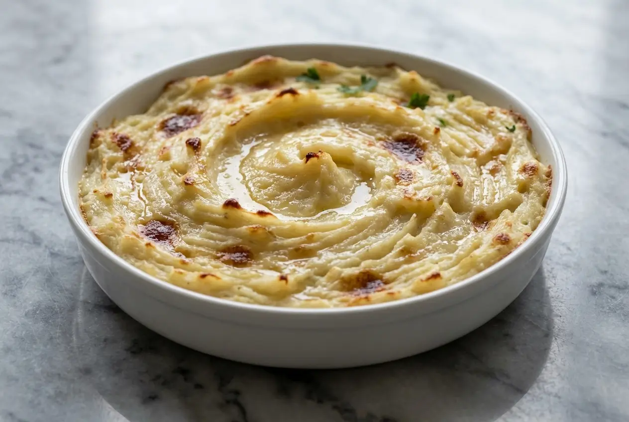 Recette brandade de morue gratinée à l'ail confit et croûte au piment d'Espelette sur marbre blanc.