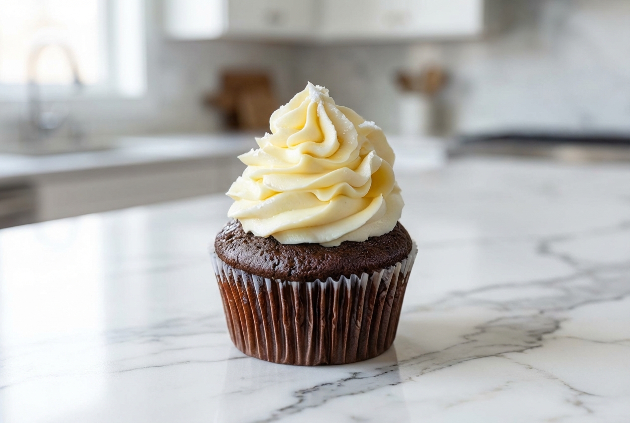 Recette ganache vanille sans chocolat blanc avec mascarpone et fleur de sel, délicatement pochée dans un bol en céramique minimaliste sur un comptoir en marbre blanc baigné de lumière naturelle.
