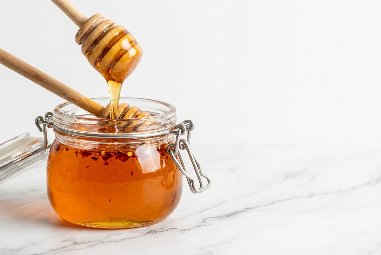 Recette hot honey dorée dans un bol en céramique minimaliste sur marbre blanc, lumière naturelle. Infusion douce et filtrée.