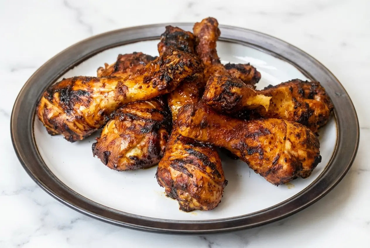 Poulet grillé recette jerk chicken jamaican, peau croustillante glacée au rhum vieux sur marbre blanc, ombres douces.