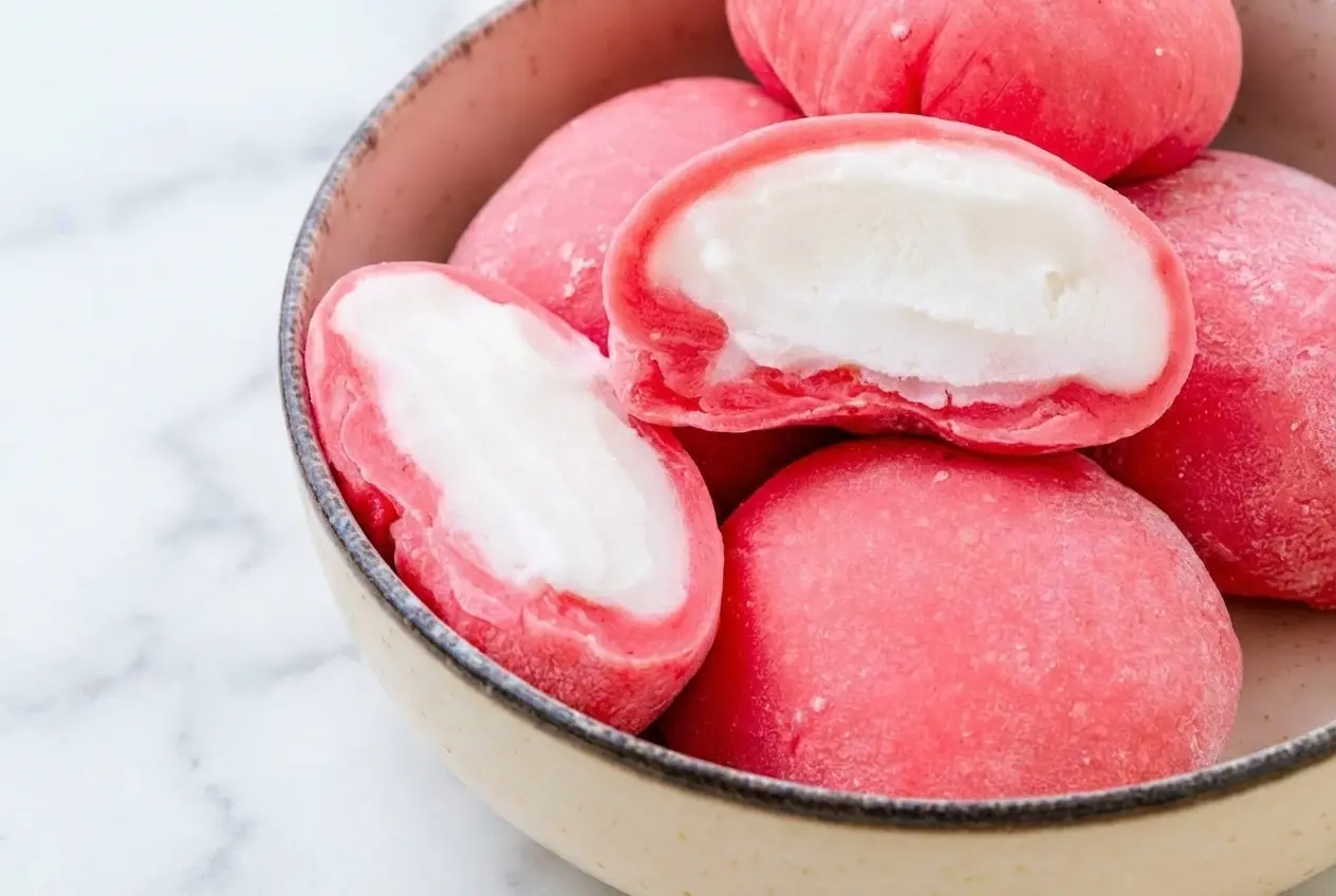 Recette Mochi glacé sur assiette en céramique minimaliste et marbre blanc. Pâte ultra-élastique grâce à l'huile de coco, sous une lumière naturelle.