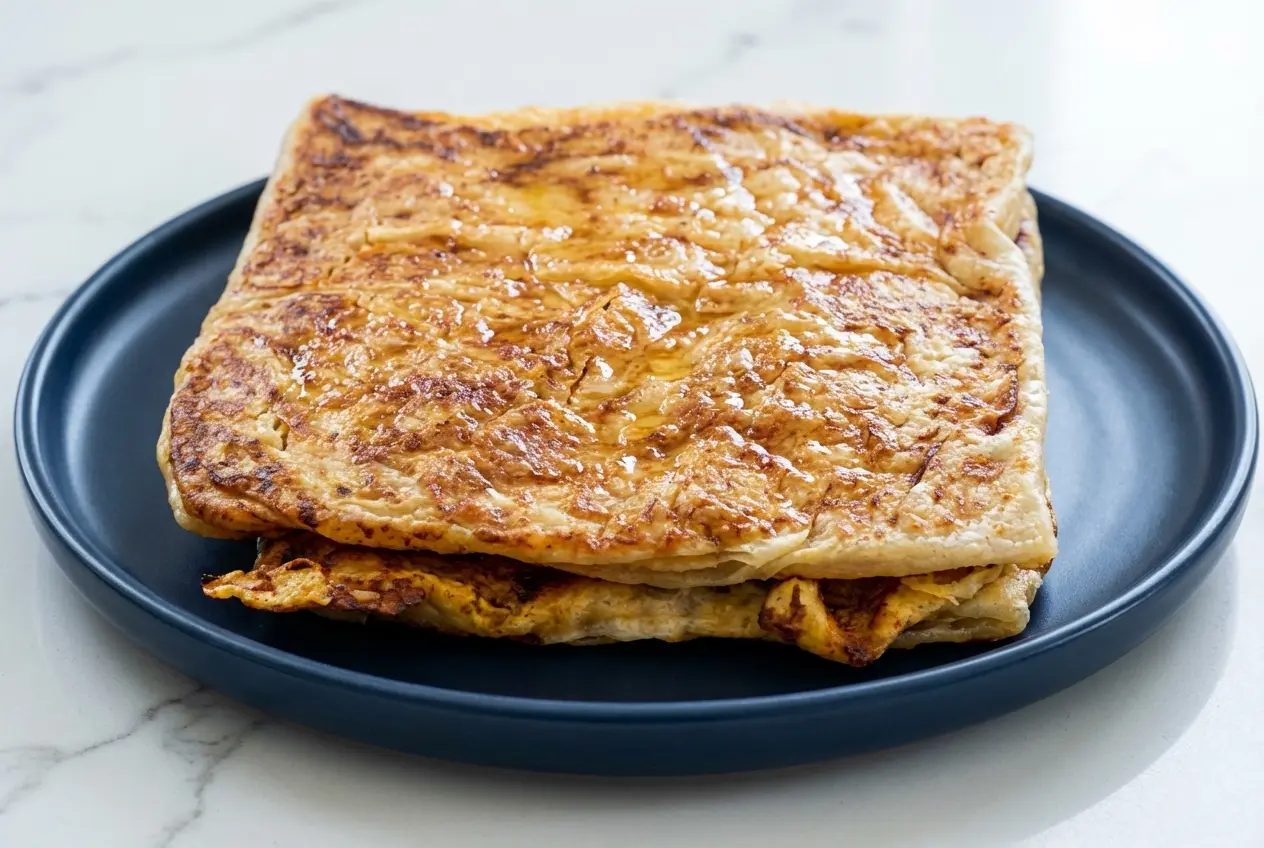 Recette Msemen au kefta sur une élégante assiette en céramique minimaliste et surface en marbre blanc. Le feuilletage magique au beurre clarifié est doré sous la lumière naturelle de la fenêtre.