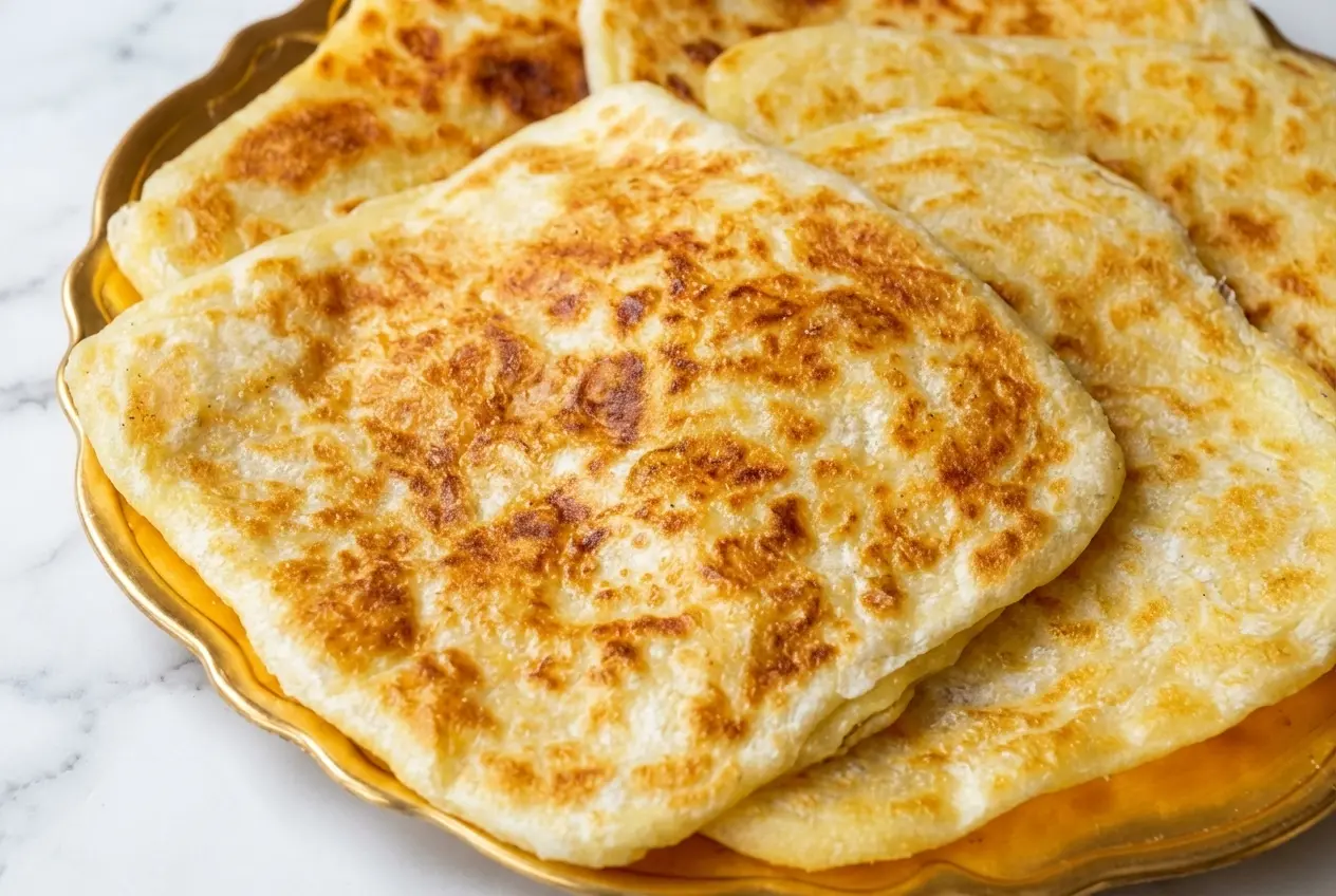 Délicieuse recette msemen choumicha sur assiette en céramique minimaliste et marbre blanc, révélant un double feuilletage parfait.