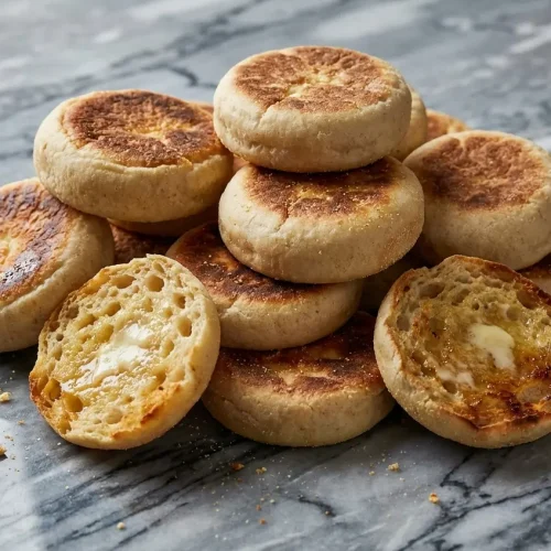 Recette Muffin anglais doré au beurre noisette sur une assiette en céramique minimaliste, surface en marbre blanc.