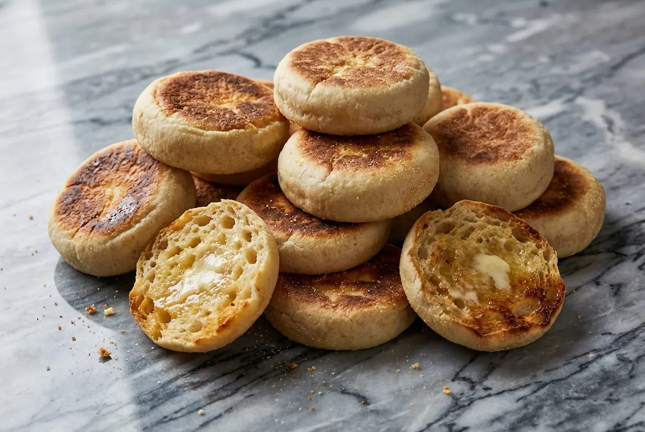 Recette Muffin anglais doré au beurre noisette sur une assiette en céramique minimaliste, surface en marbre blanc.