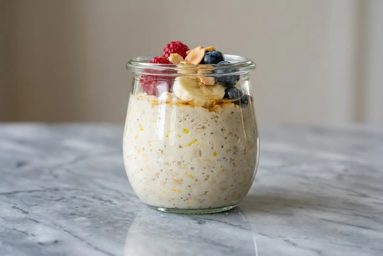 Recette overnight porridge crémeuse dans un bol en céramique blanc sur marbre, infusée au zeste de citron et cardamome.