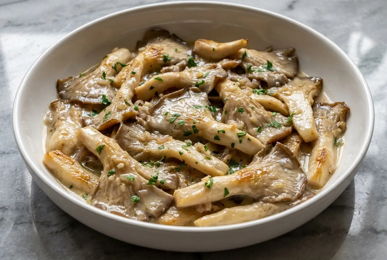 Recette Pleurotes sautées au beurre de thym noisette sur céramique minimaliste, surface marbre blanc, lumière douce.