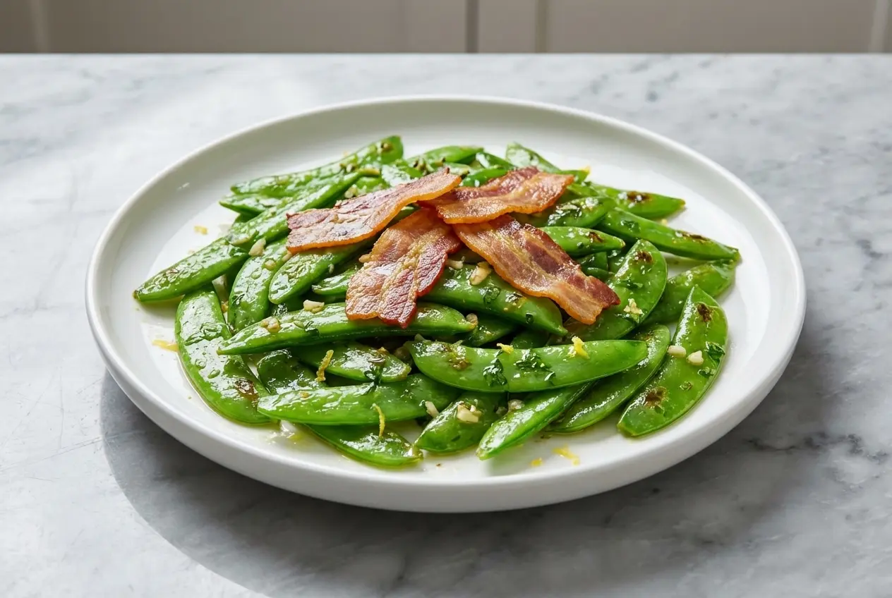Superbe recette pois gourmands sautés sublimée par un déglaçage aux zestes de citron, dans un bol en céramique sur marbre blanc éclairé au naturel.