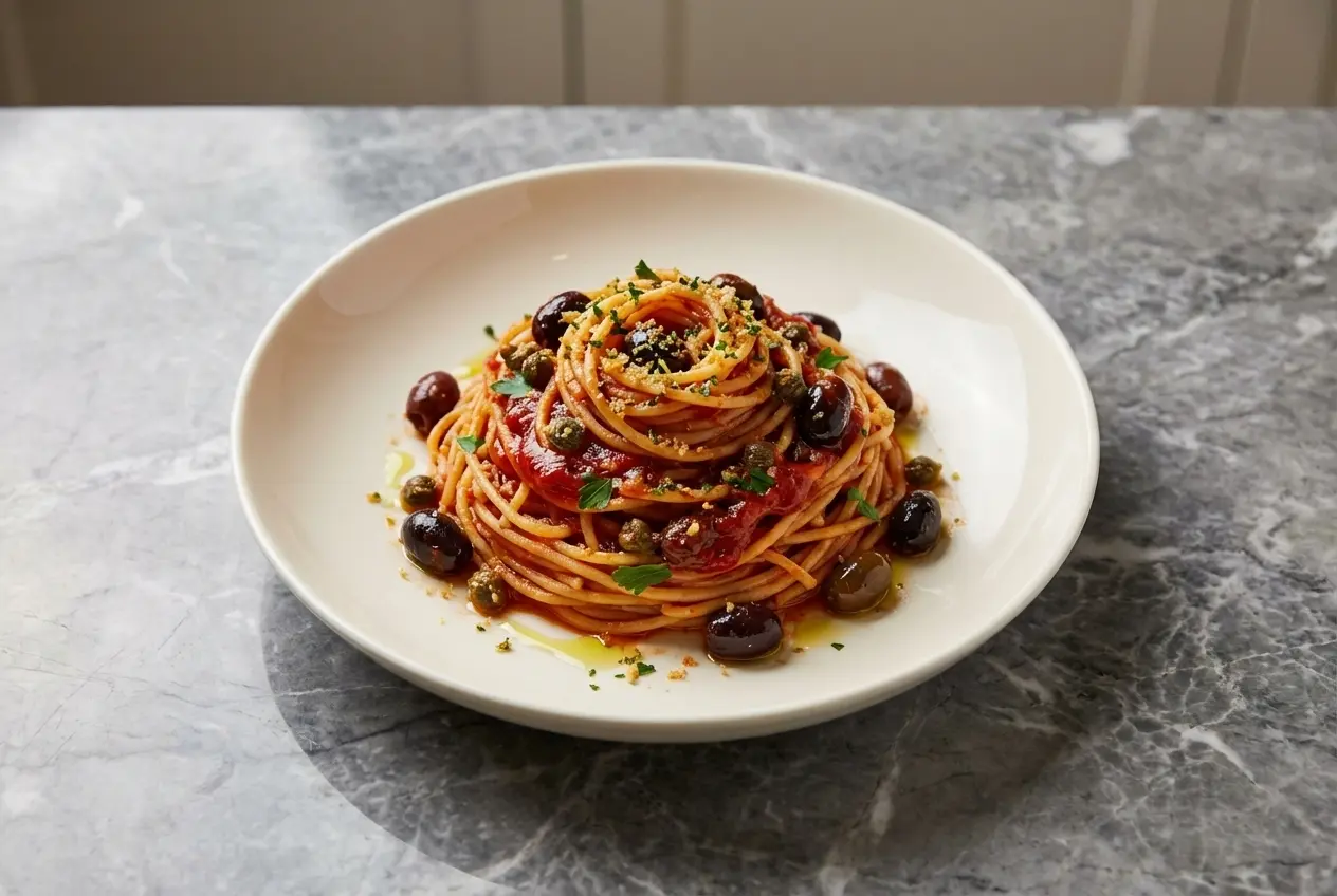 Recette spaghetti alla puttanesca dans une assiette en céramique minimaliste sur marbre blanc, lumière naturelle, avec chapelure citronnée.