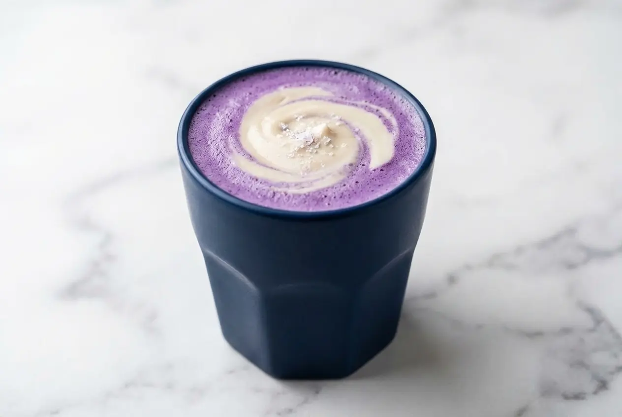 Recette Ube Latte onctueux dans une tasse en céramique minimaliste sur marbre blanc, sublimé par de la crème de coco et du sel, lumière naturelle.