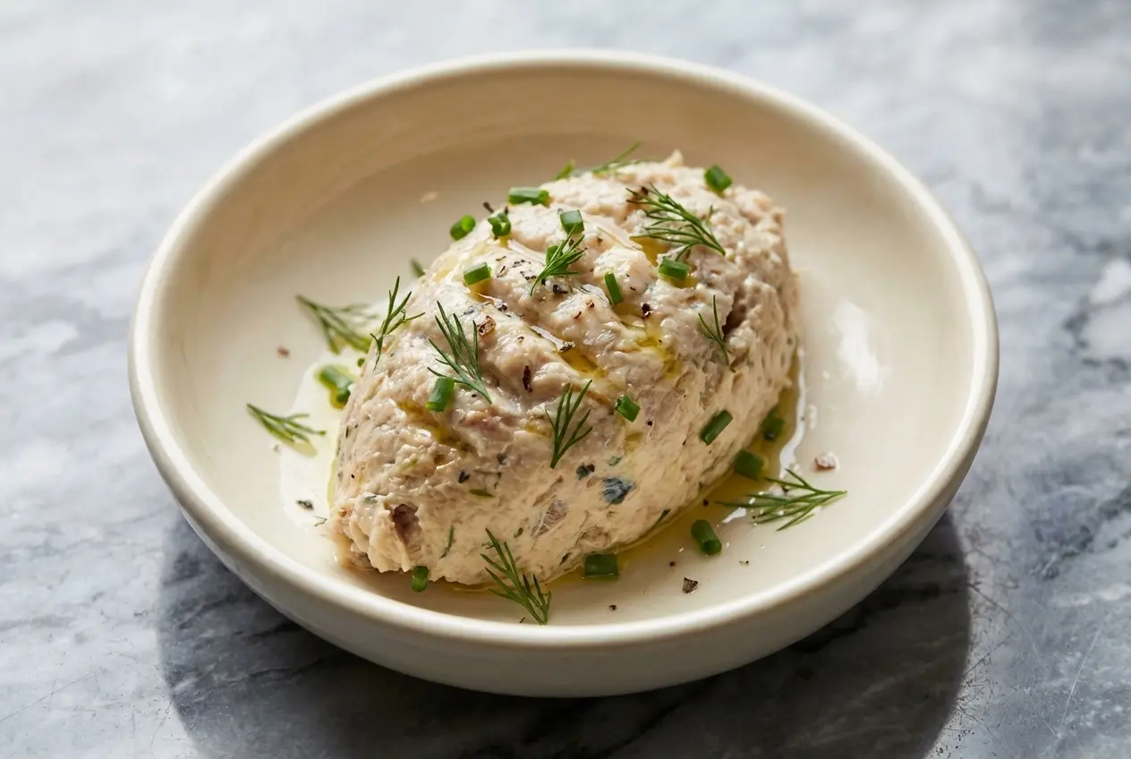Rillettes de sardines onctueuses au zeste de citron vert et baies roses dans un bol en céramique blanc minimaliste.