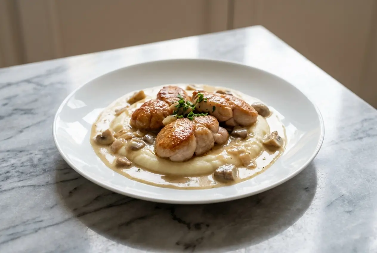 Ris de veau à la crème dorés au beurre noisette dans une assiette en céramique sur marbre blanc, sous une douce lumière naturelle.