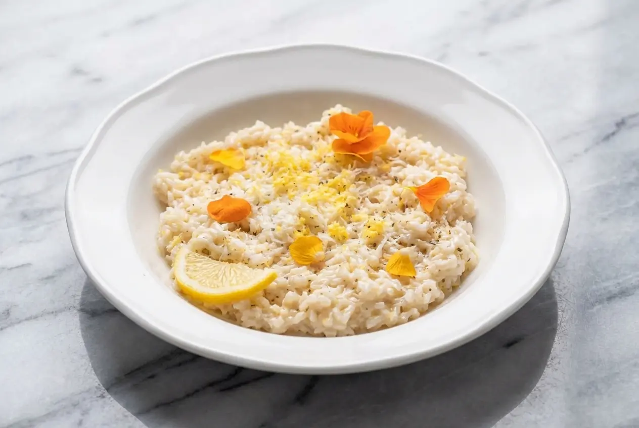 Risotto au citron onctueux nappé de beurre noisette au citron sur marbre blanc en lumière naturelle.