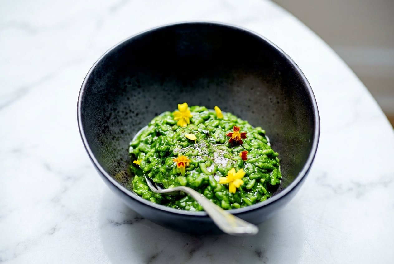Risotto au cresson onctueux dans un bol en céramique blanche sur marbre, nappé de beurre noisette au poivre long.