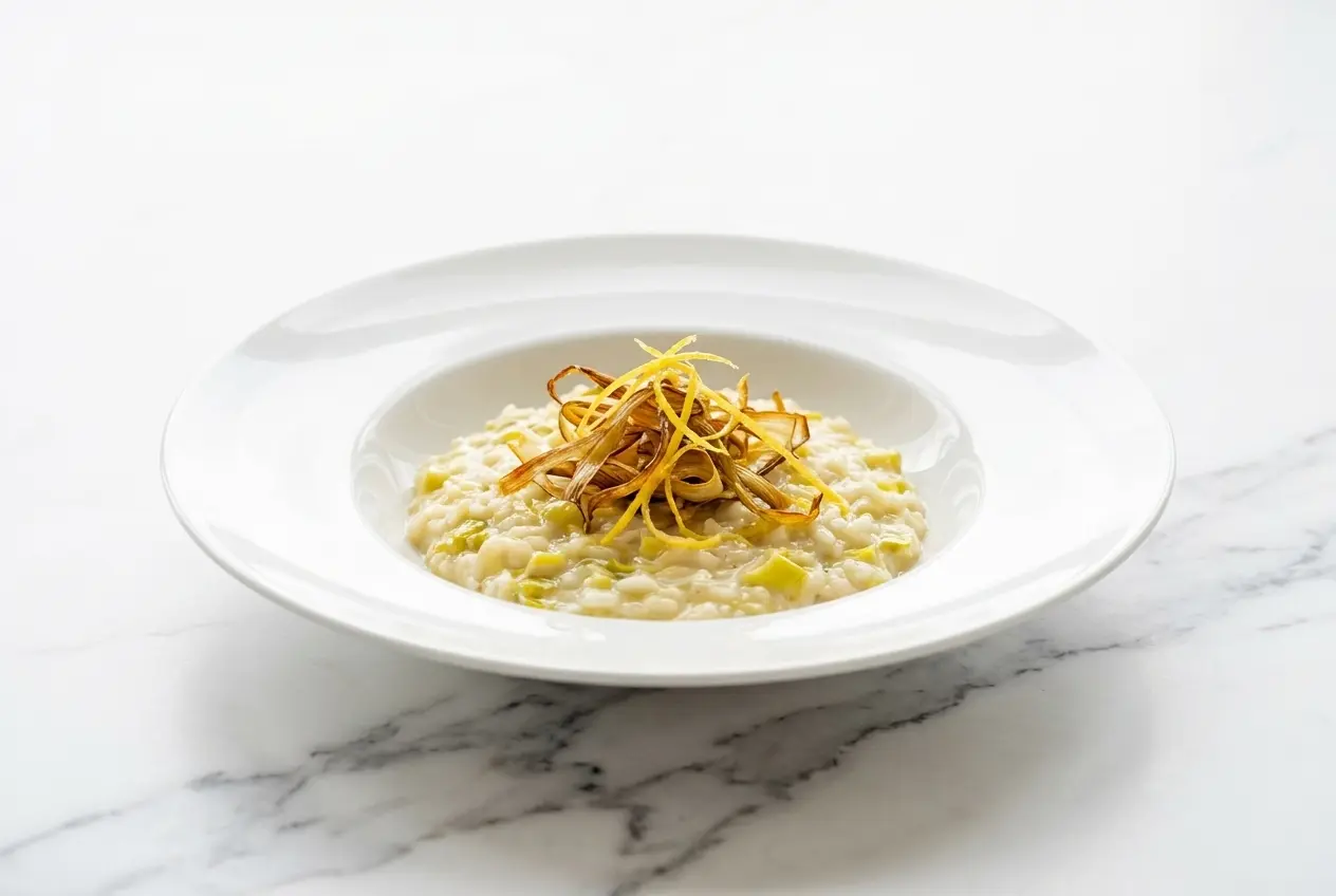Bol en céramique minimaliste rempli de risotto au poireau crémeux, surmonté de poireaux frits croustillants et de zeste de citron sur une surface en marbre blanc