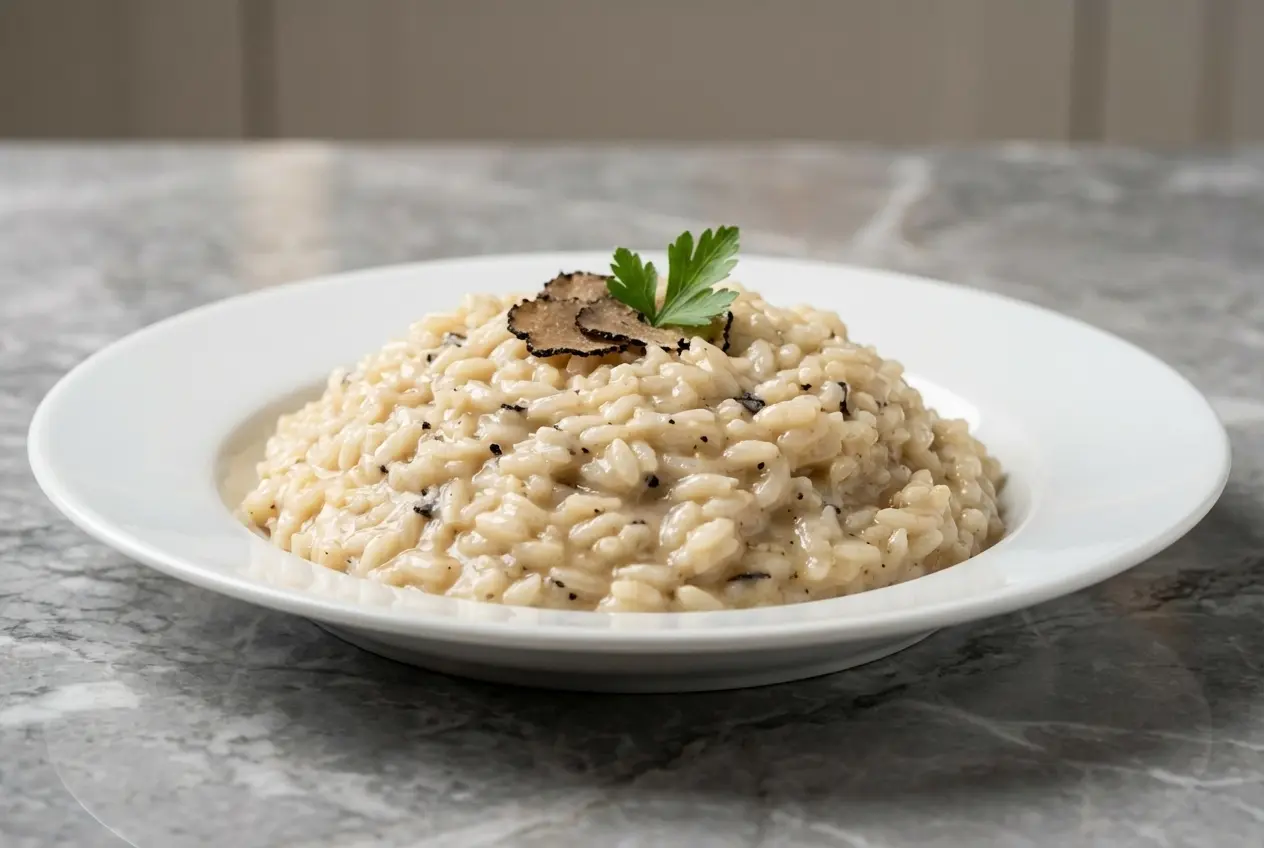 Risotto aux truffes onctueux sur marbre blanc, riz infusé à froid révélant l'arôme intense de la Tuber Melanosporum.