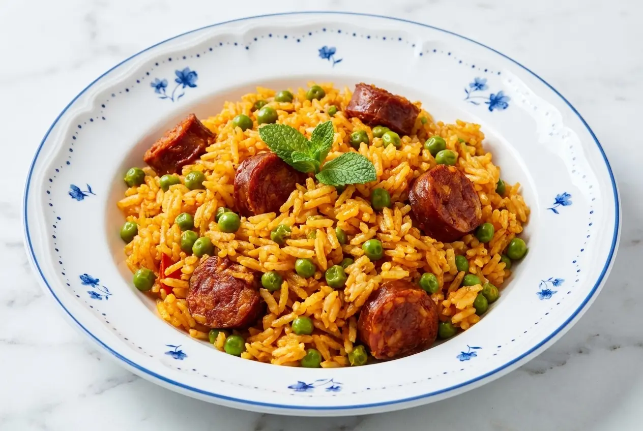 Riz au chorizo parfumé au pimentón de la Vera, servi dans une assiette en céramique minimaliste sur marbre blanc.