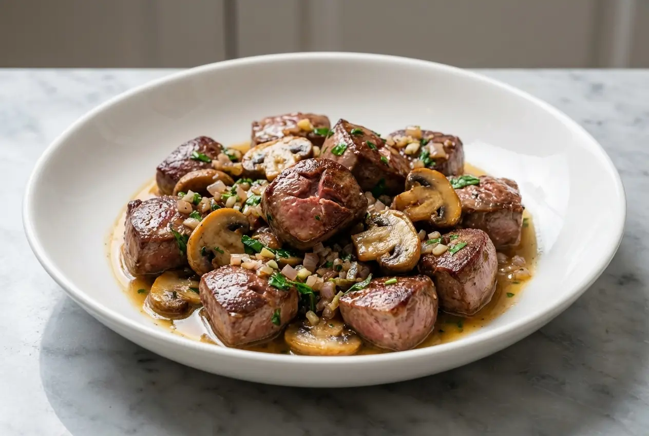 Rognons de veau en persillade dorés servis dans une assiette en céramique minimaliste sur un marbre blanc, nappés d'une sauce brillante montée au beurre et relevée de jus de citron sous une douce lumière naturelle.