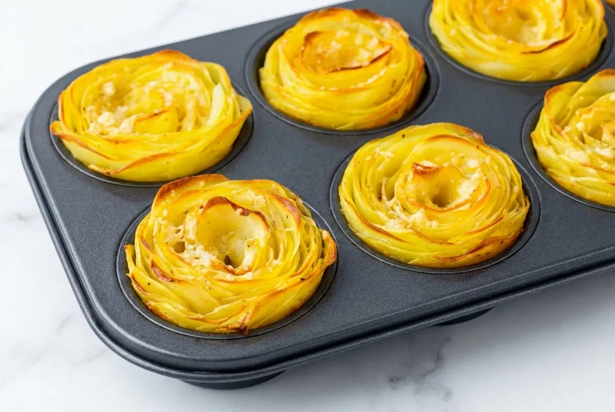 Rosace de pomme de terre croustillante au beurre noisette et romarin, présentée sur une assiette en céramique minimaliste au centre d'un comptoir en marbre blanc sous une douce lumière naturelle.