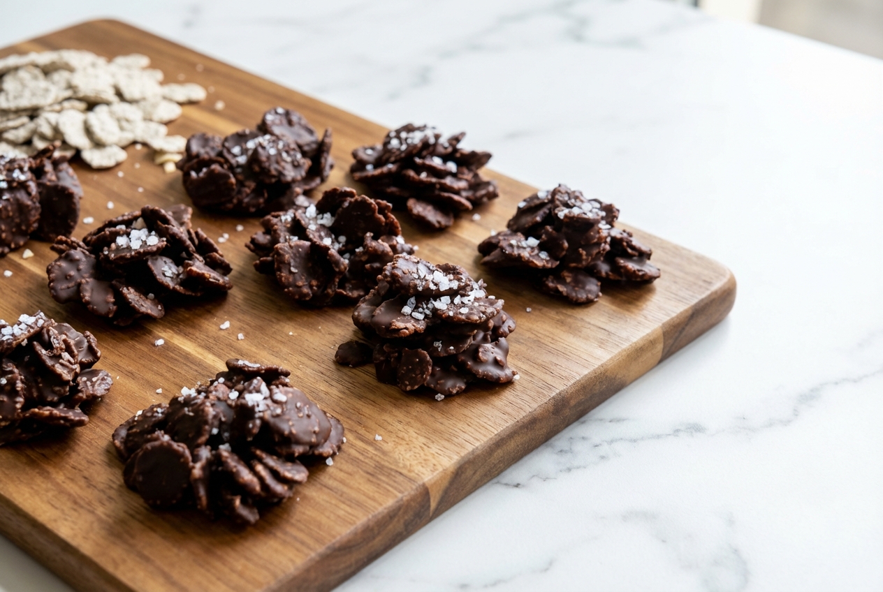 Roses des sables sarrasin au chocolat noir parsemées de fleur de sel et de flakes torréfiés, présentées sur une assiette en céramique minimaliste sous la lumière naturelle d'une fenêtre.