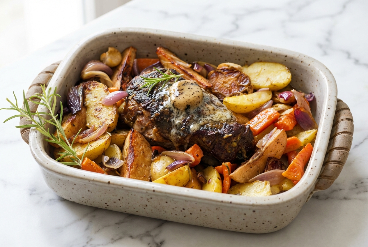 Rôti d'agneau au four nappé de beurre à l'ail noir sur marbre blanc, lumière naturelle et ombres douces.