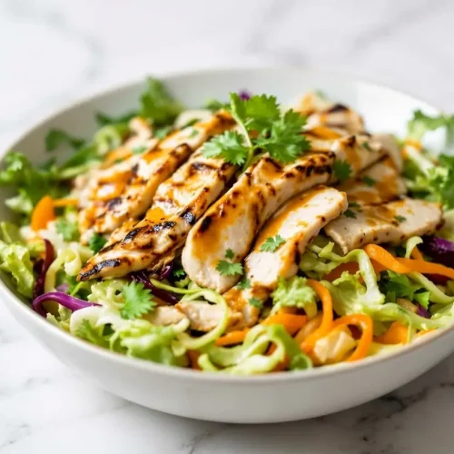 Salade asiatique au poulet sur marbre blanc, morceaux de volaille veloutés à la fécule et coriandre fraîche.