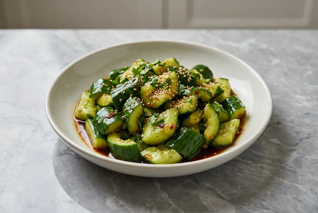 Salade de concombre tapé dans un bol en céramique minimaliste sur un marbre blanc. Lumière naturelle sur la marinade au beurre de cacahuète et citron vert.