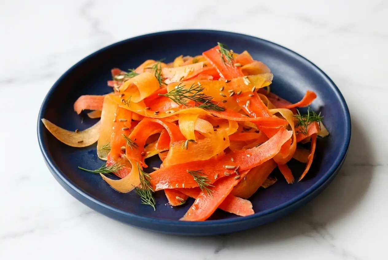 Salade de Rubans de Carottes dans un bol en céramique minimaliste sur marbre blanc. La lumière naturelle révèle la texture glacée et les graines de fenouil dorées au miel.