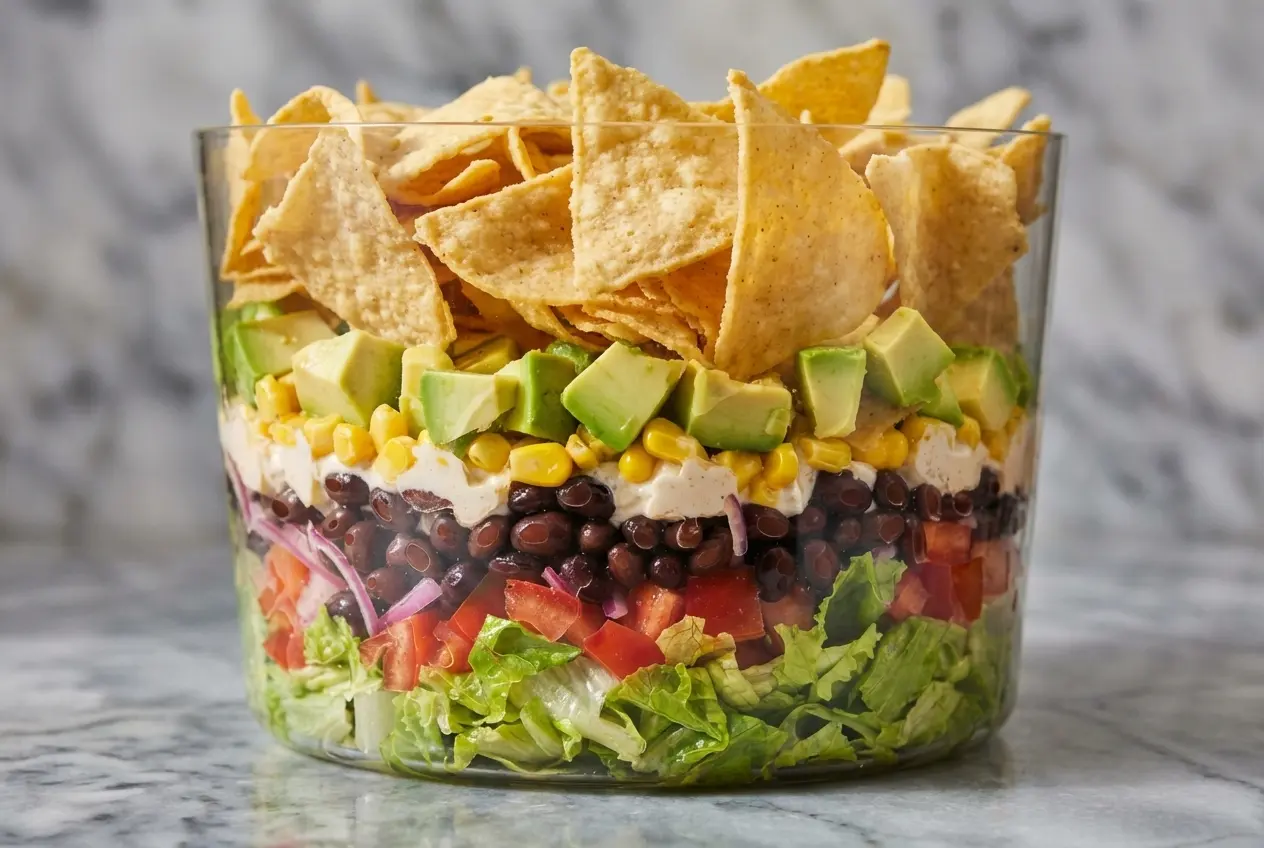 Salade Mexicaine Végétarienne dans un bol minimaliste, oignons rouges marinés express et avocat frais sur marbre blanc.