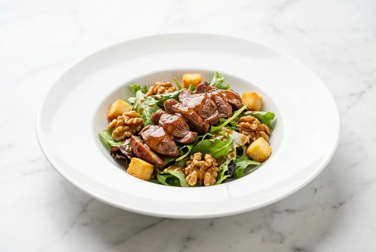 Salade périgourdine dressée dans une assiette en céramique épurée sur marbre blanc, garnie de gésiers chauds déglacés au vinaigre de framboise sous une lumière naturelle.