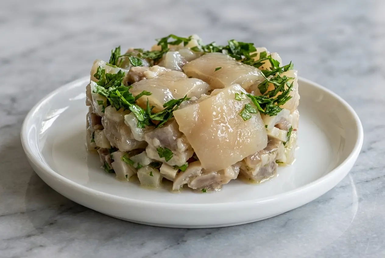 Salade de pied de veau gélatineuse sur marbre blanc, parsemée de câpres frites croustillantes sous une lumière naturelle.