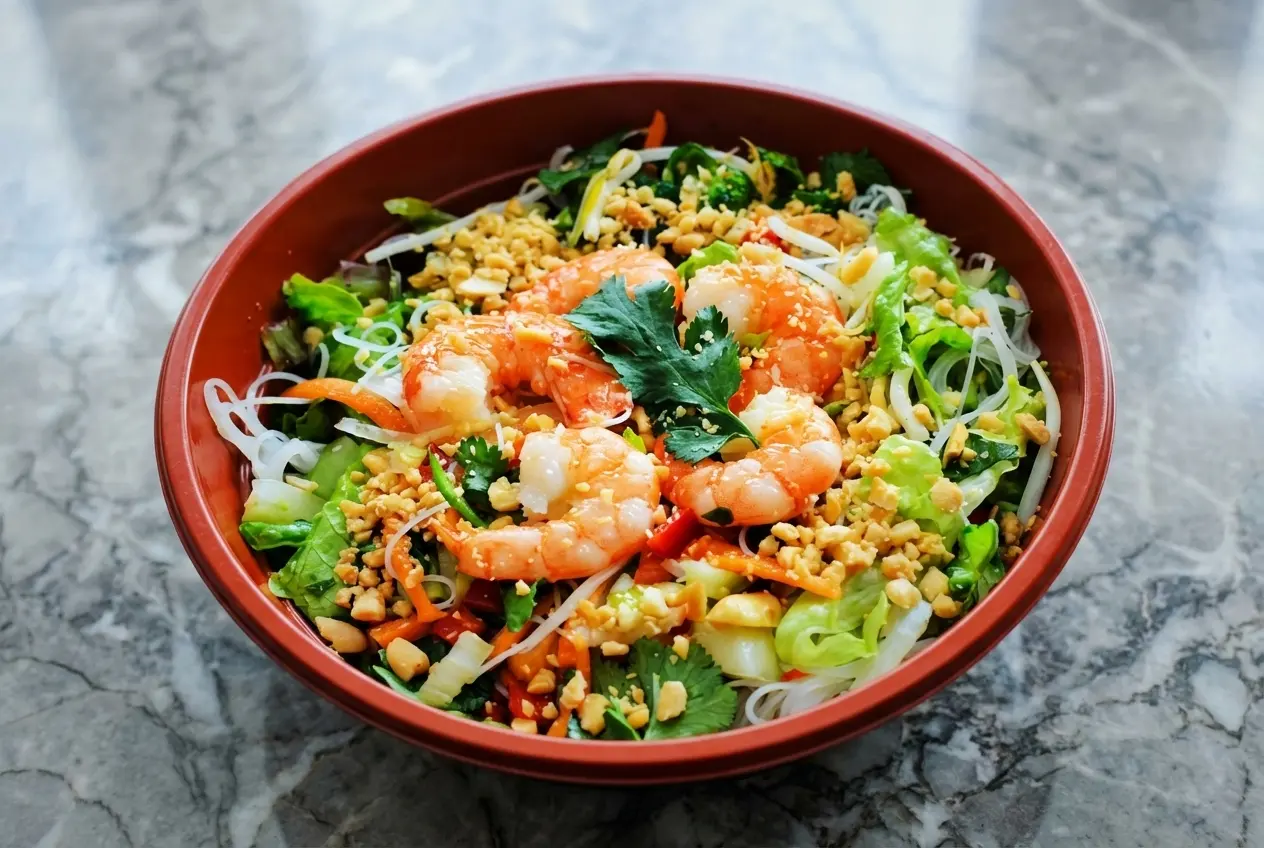 Salade thaï aux crevettes avec carottes en marinade express dans un bol en céramique blanche sur un marbre contemporain.