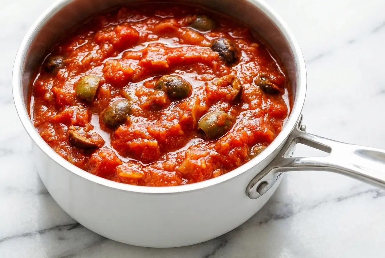 Sauce tomate aux olives dans un bol en céramique minimaliste, garnie de zestes de citron frais et de câpres frites.