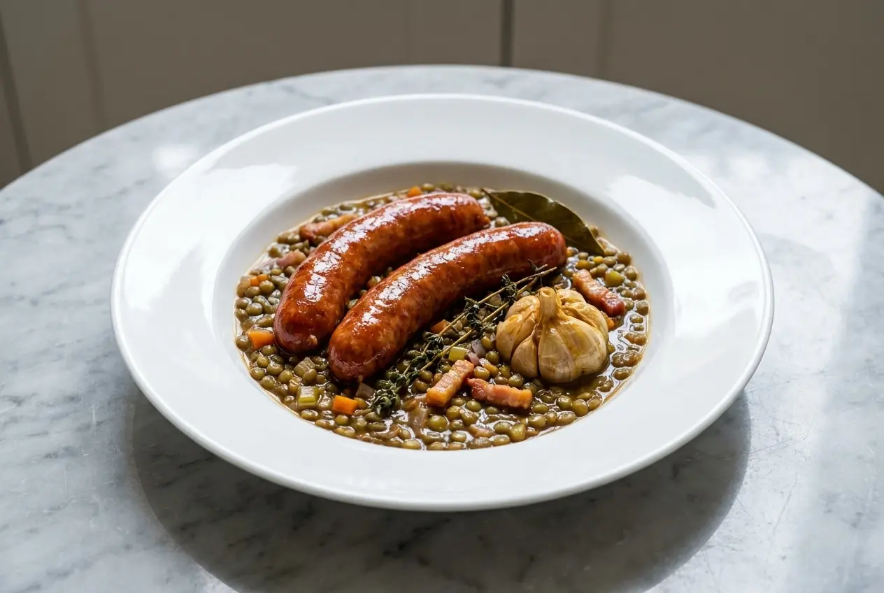 Saucisses aux lentilles dans un bol en céramique sur marbre blanc. Sauce brillante sublimée au vinaigre de Xérès sous une lumière naturelle.