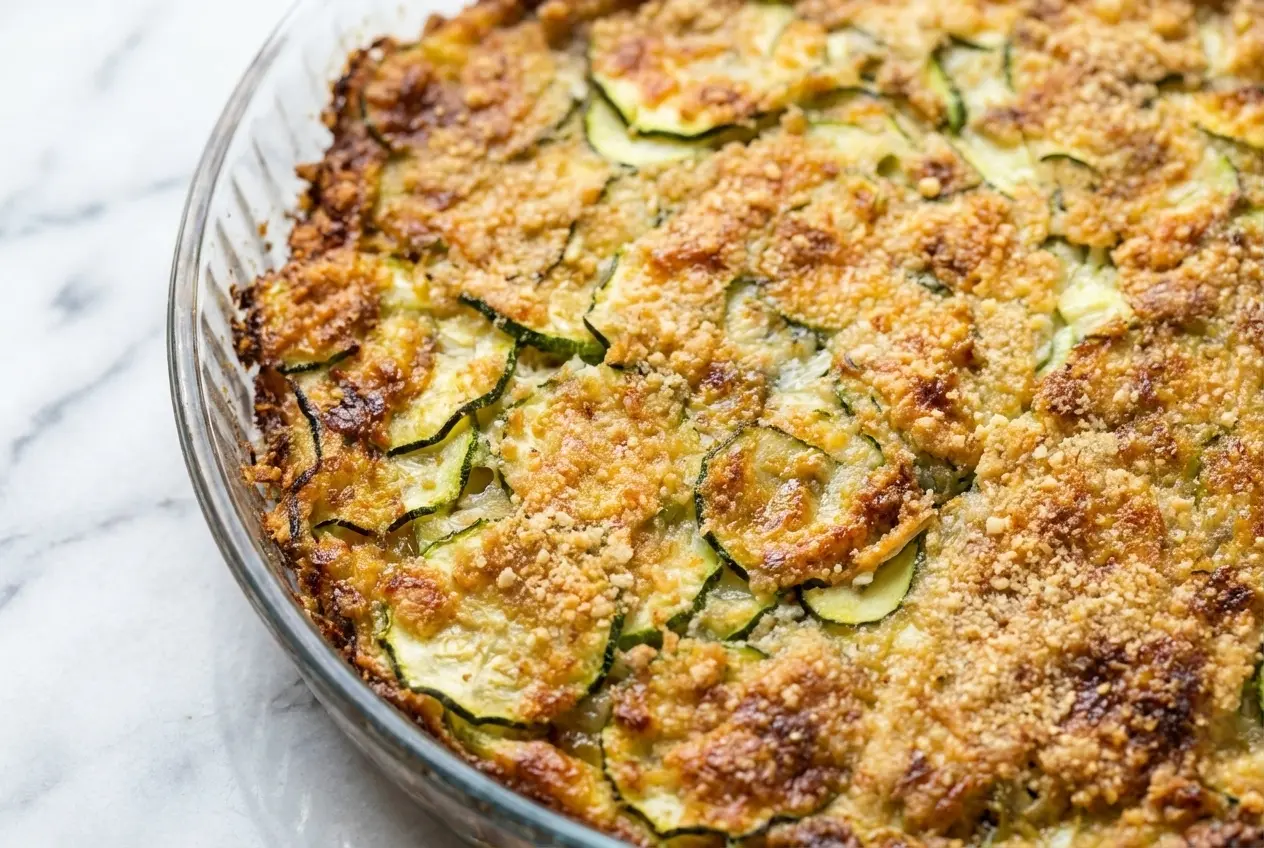 Scarpaccia de courgettes dorée avec un topping craquant de graines de tournesol sur un plan de travail en marbre blanc.