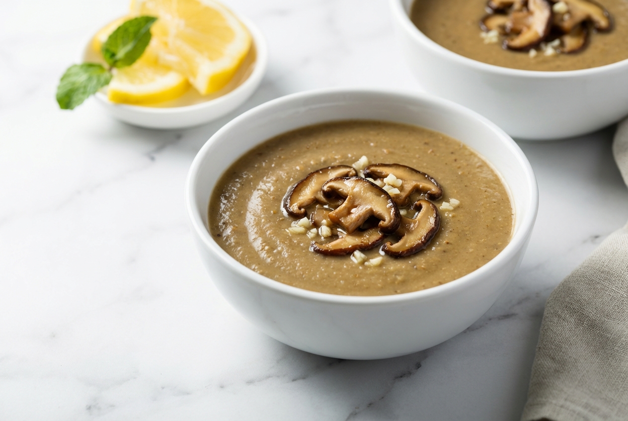Gros plan sur une onctueuse soupe de lentilles blondes dans un bol en céramique minimaliste, garnie de champignons shiitake sautés à l'ail, le tout sur un comptoir en marbre blanc baigné d'une lumière naturelle.