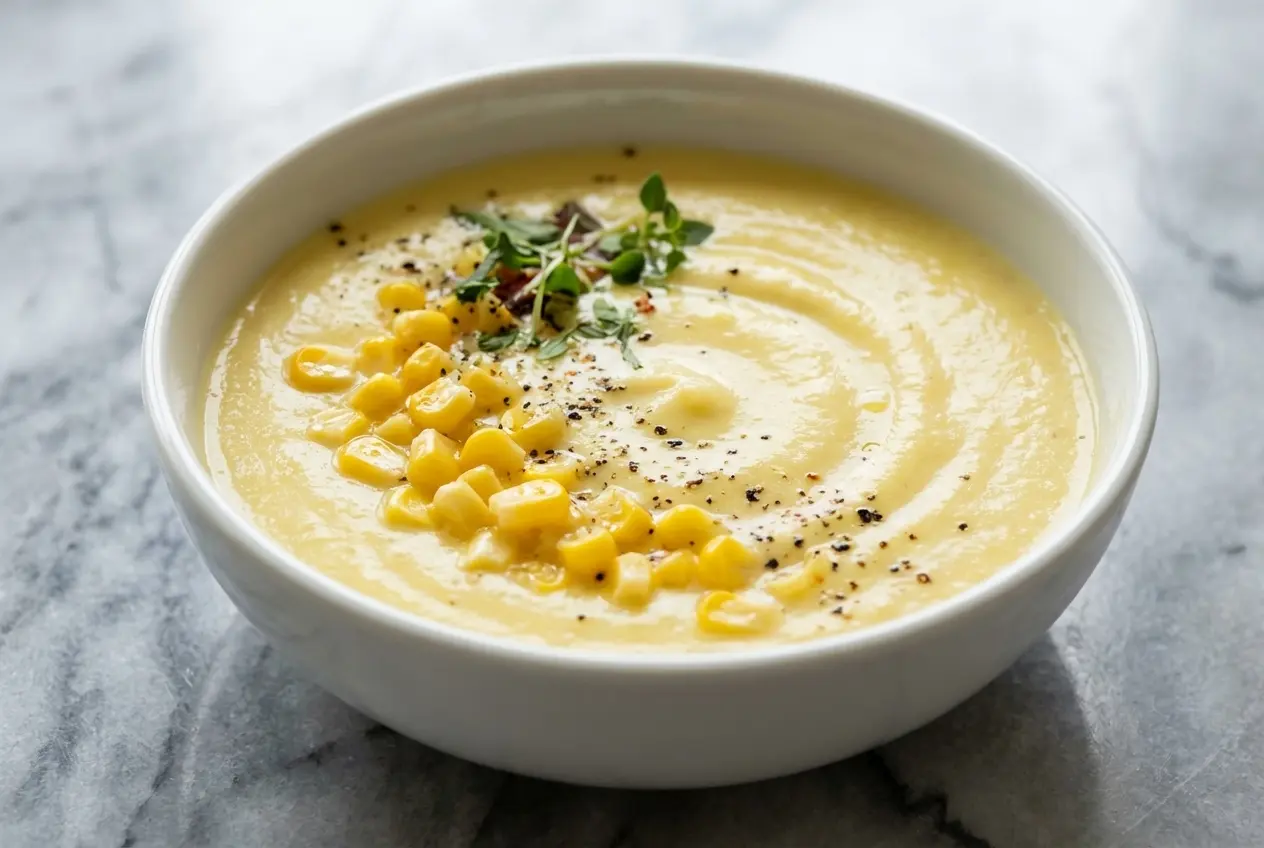 Velouté de soupe au maïs dans un bol en céramique minimaliste sur marbre blanc, nappé de beurre noisette au maïs grillé.