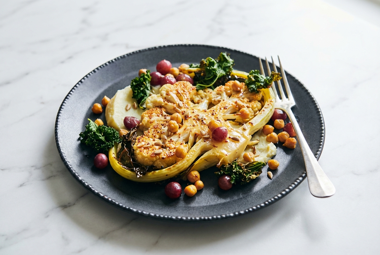 Steak de chou-fleur grillé au glaçage miso et beurre noisette, servi dans une assiette en céramique minimaliste sur marbre blanc sous une lumière naturelle.